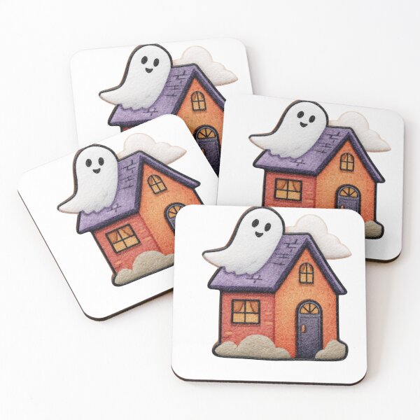Item preview, Whimsical Ghost On A Colorful House In A Cute Halloween Cartoon Illustration designed and sold by KanDa-Shop.