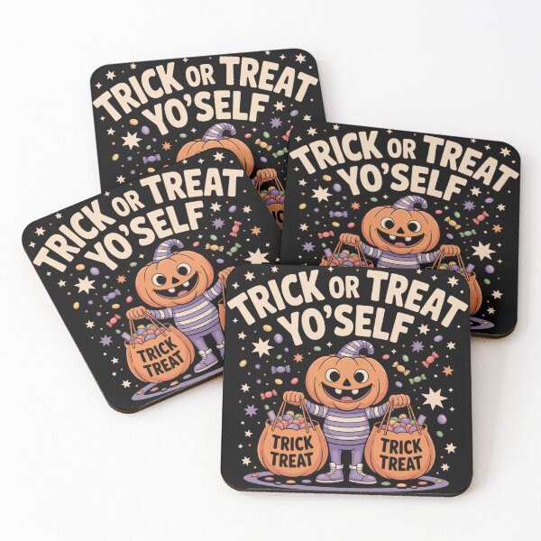 Item preview, TRICK OR TREAT YO'SELF: A happy, pumpkin-headed character shows off a haul of candy bags. For the Halloween Festive Season designed and sold by Grang Art Artistic Designs.