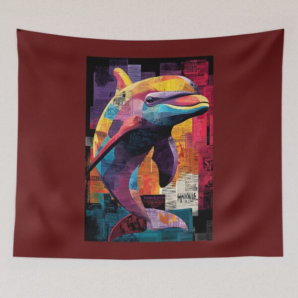 Item preview, Save the Dolphins - Vibrant Collage Portrait with Bold Colors and Newspaper Layers designed and sold by OlfactoART Studio.