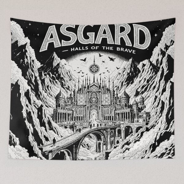 Item preview, Viking Asgard Valhalla Norse Mythology Illustration Black and White designed and sold by 2gather1ness.