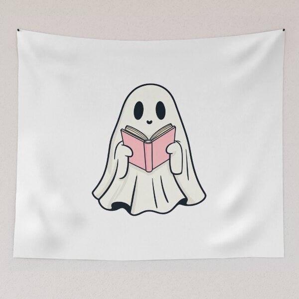 Item preview, Playful Cartoon Ghost Reading a Pink Book designed and sold by RuweisVibes.