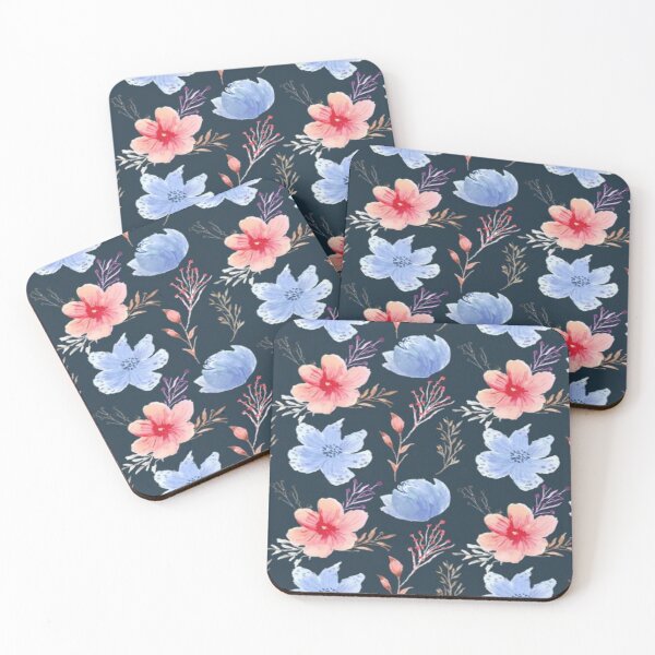 Item preview, Floral Design 245 Watercolor Blue & Coral Floral Pattern on Dark Background designed and sold by Kimmi graphics.