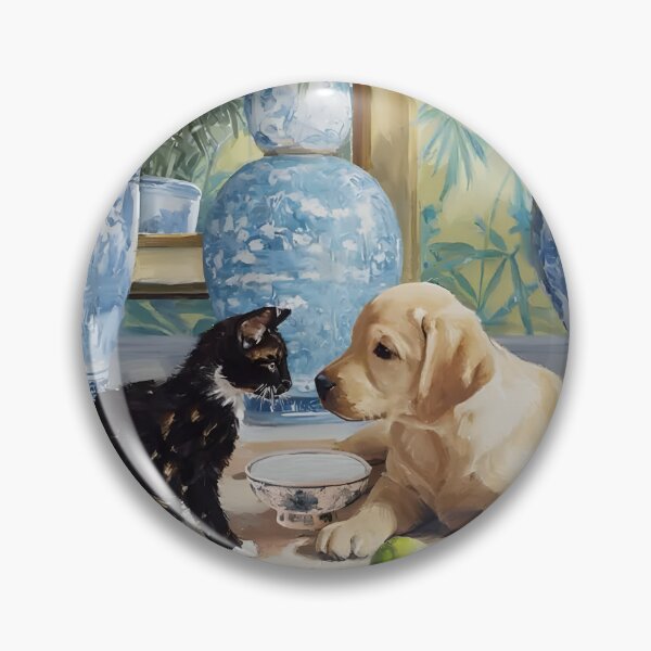 Item preview, Grandmillennial art, Labrador Puppy and kitten in chinoiserie interior designed and sold by SophieClimaArt.