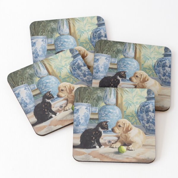 Item preview, Grandmillennial art, Labrador Puppy and kitten in chinoiserie interior designed and sold by SophieClimaArt.