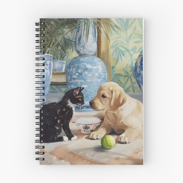 Item preview, Grandmillennial art, Labrador Puppy and kitten in chinoiserie interior designed and sold by SophieClimaArt.