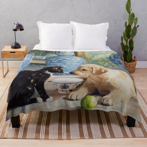 Item preview, Grandmillennial art, Labrador Puppy and kitten in chinoiserie interior designed and sold by SophieClimaArt.