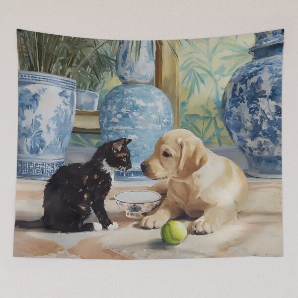 Item preview, Grandmillennial art, Labrador Puppy and kitten in chinoiserie interior designed and sold by SophieClimaArt.
