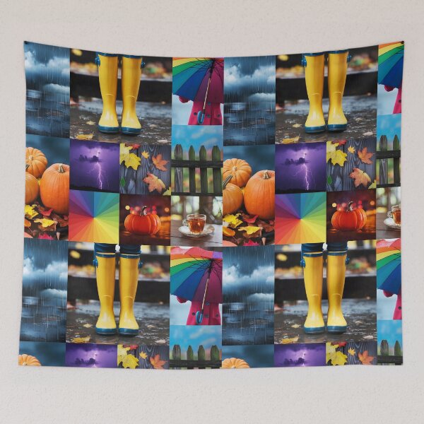 Item preview, Cozy Fall Collage – Pumpkins Rain Boots Umbrella and Tea designed and sold by EmeraldeaArt.