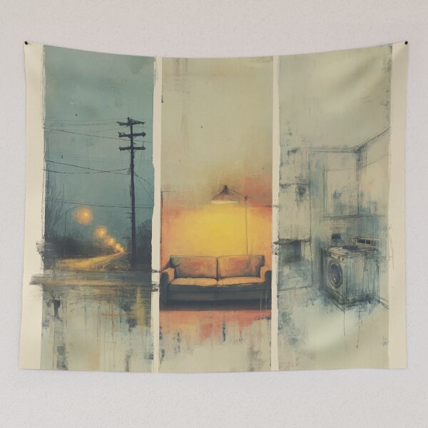 Item preview, Modern Surreal Triptych – Dreamy Street, Cozy Living Room & Abstract Interior designed and sold by Moss and Moon Studio.
