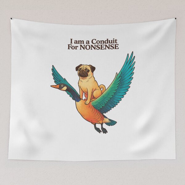Item preview, Pug of Nonsense – Whimsical Dog Riding a Goose designed and sold by THISPUGVIBE.