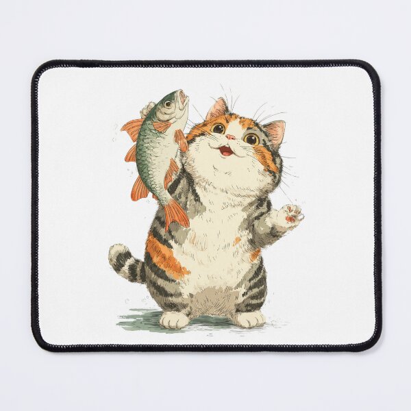Item preview, Happy Cartoon Cat with Fish – Funny Animal Motif designed and sold by Meiersbeste.
