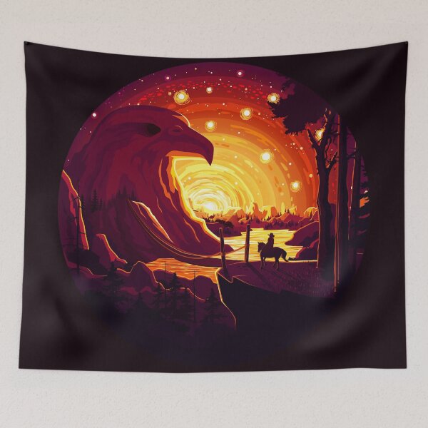 Item preview, Horseman against a magnificent backdrop, Eagle Mountain and the cosmic skyline designed and sold by Andrey Prokopenko.