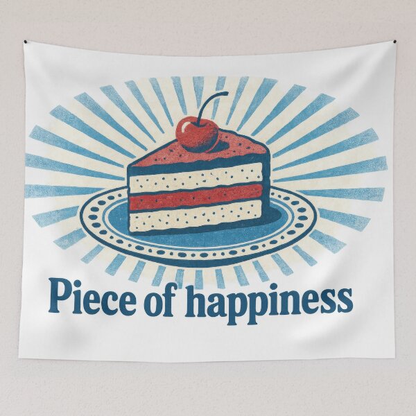 Item preview, Cake illustration with cherry topping and text Piece of happiness, suitable for background, AI Generated designed and sold by dvoevnore.
