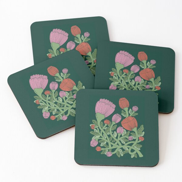 Item preview, Intricate Floral Blooms | Flat Orange & Pink Flowers on Dark Green Background, Intertwined Stems Modern Botanical Design designed and sold by indysign.