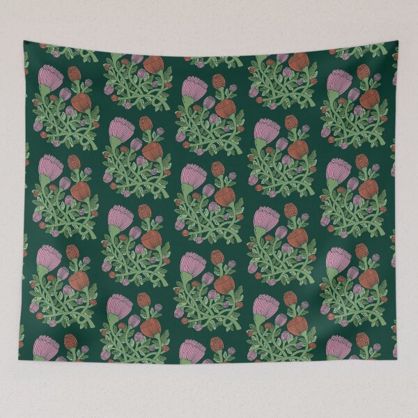 Item preview, Intricate Floral Blooms | Flat Orange & Pink Flowers on Dark Green Background, Intertwined Stems Modern Botanical Design designed and sold by indysign.