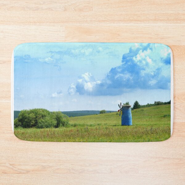 Item preview, Vibrant Blue Windmill in a Serene Countryside Meadow - Whimsical Landscape Photography designed and sold by Luminari Creations.