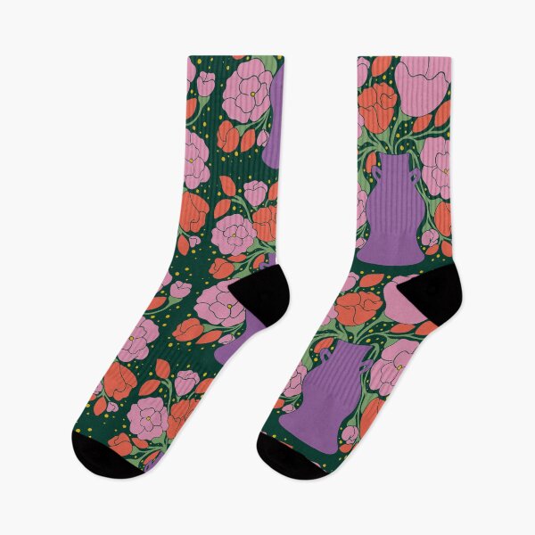 Artikelvorschau, Matisse inspirierte Vase mit Blumen | Flache orange & rosa Blumenillustration auf dunkelgrünem Hintergrund, Moderne Botanische Kunst entworfen und verkauft von indysign.