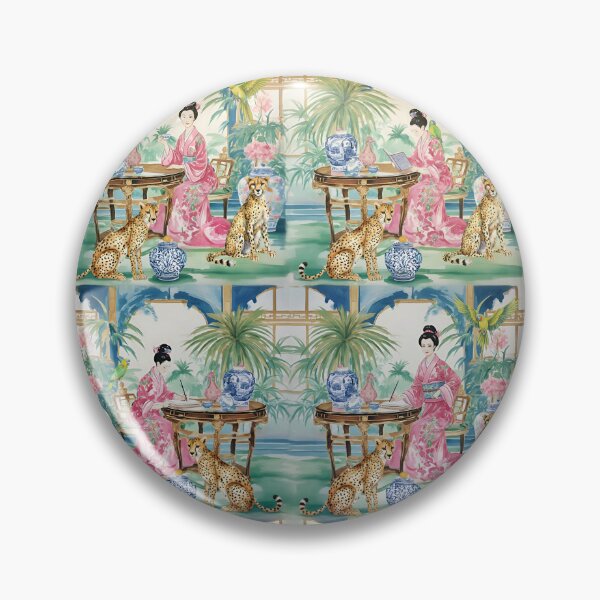 Item preview, Chinoiserie lady and two cheetahs in a chinoiserie palace watercolor painting designed and sold by SophieClimaArt.