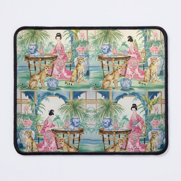 Item preview, Chinoiserie lady and two cheetahs in a chinoiserie palace watercolor painting designed and sold by SophieClimaArt.