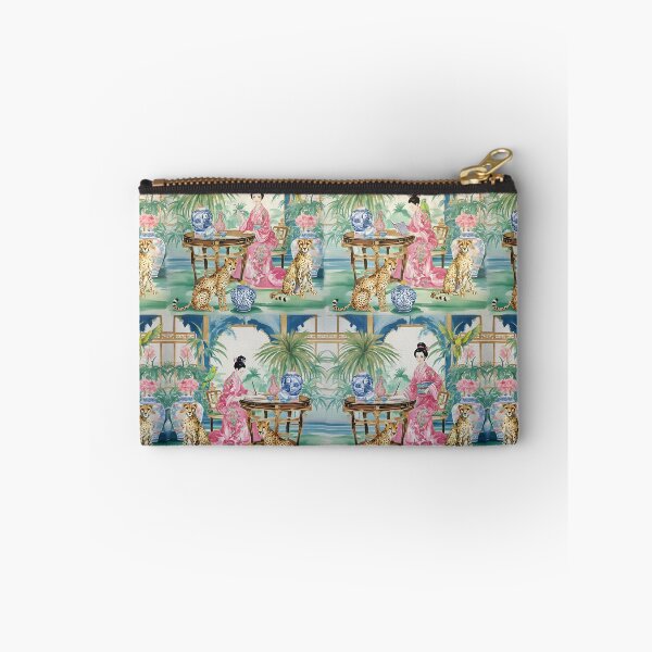 Item preview, Chinoiserie lady and two cheetahs in a chinoiserie palace watercolor painting designed and sold by SophieClimaArt.