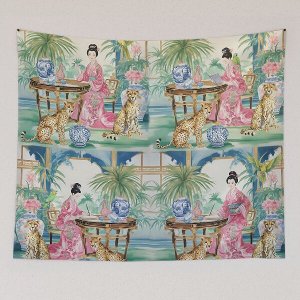 Item preview, Chinoiserie lady and two cheetahs in a chinoiserie palace watercolor painting designed and sold by SophieClimaArt.