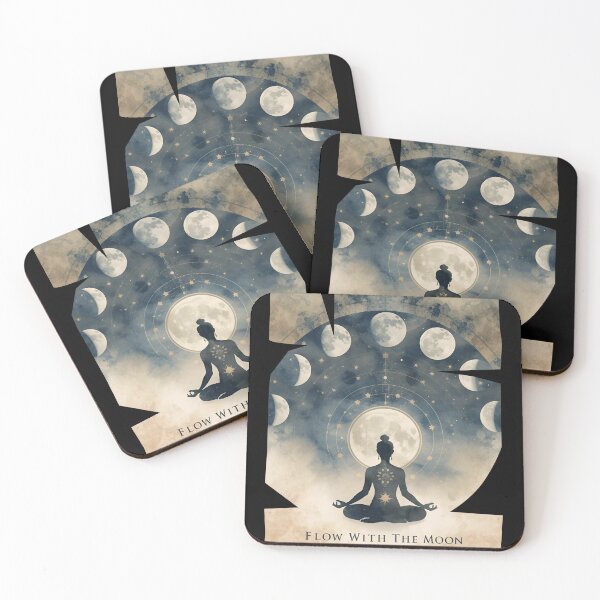 Item preview, Elegant moon phases with yogi meditating below, cosmic aura, mystical text ‘Flow With The Moon’ 3 designed and sold by Neon G.