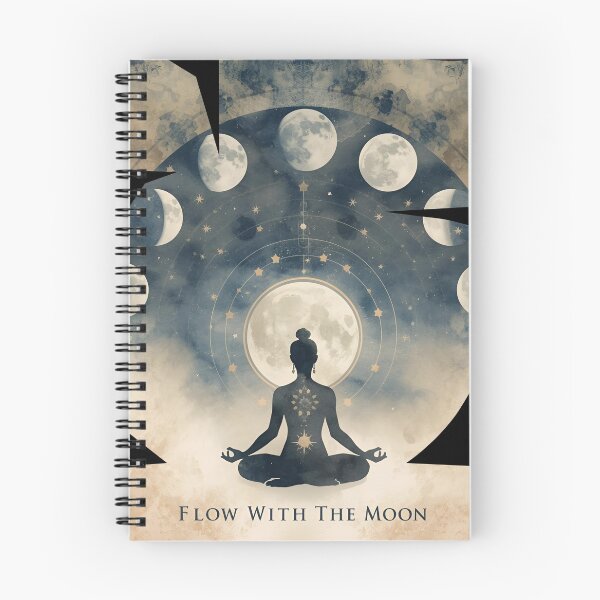 Item preview, Elegant moon phases with yogi meditating below, cosmic aura, mystical text ‘Flow With The Moon’ 3 designed and sold by Neon G.