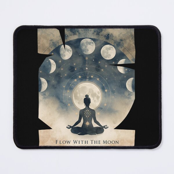 Item preview, Elegant moon phases with yogi meditating below, cosmic aura, mystical text ‘Flow With The Moon’ 3 designed and sold by Neon G.