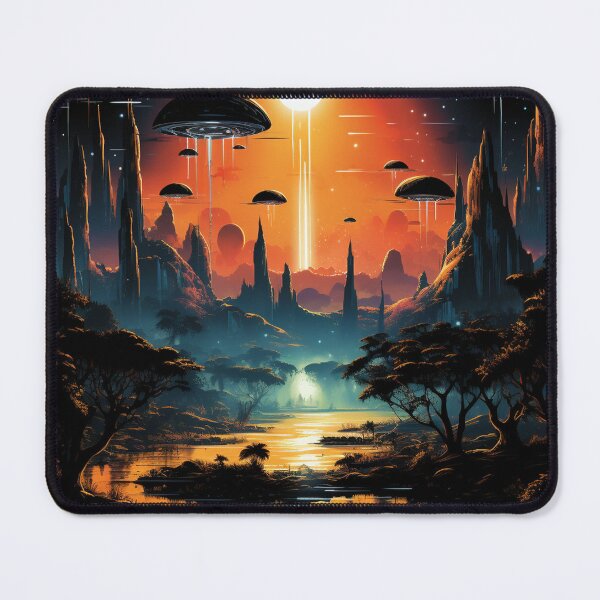 Item preview, Surreal Retro-futuristic Lake and Solar Sunset T-shirt, 80s Sci-Fi AI Art Print designed and sold by WHITE FLAME PRINTS.
