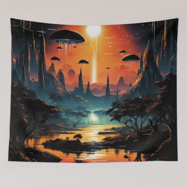 Item preview, Surreal Retro-futuristic Lake and Solar Sunset T-shirt, 80s Sci-Fi AI Art Print designed and sold by WHITE FLAME PRINTS.