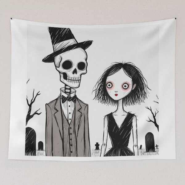 Item preview,  Fancy dapper Skeleton man and Vampire girl cool horror art designed and sold by Vintage Designs +.