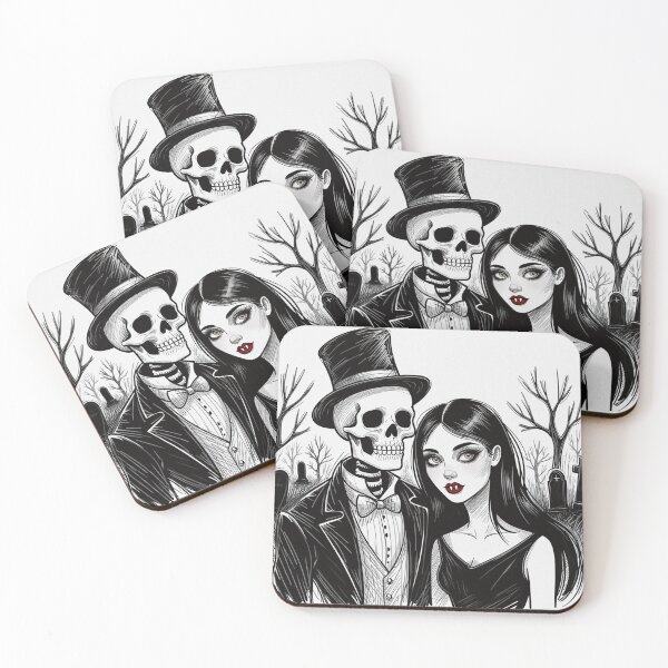 Item preview, Fancy dapper Skeleton man and Vampire girl cool horror art designed and sold by Vintage Designs +.