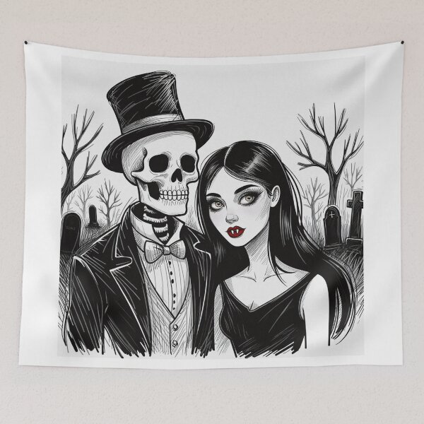 Item preview, Fancy dapper Skeleton man and Vampire girl cool horror art designed and sold by Vintage Designs +.