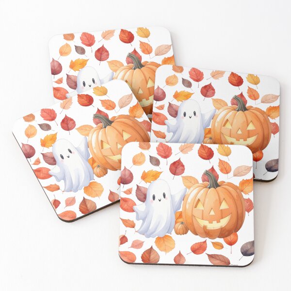 Item preview, Halloween friends ghost and pumpkin with autumn leaves designed and sold by LiskoDesign.