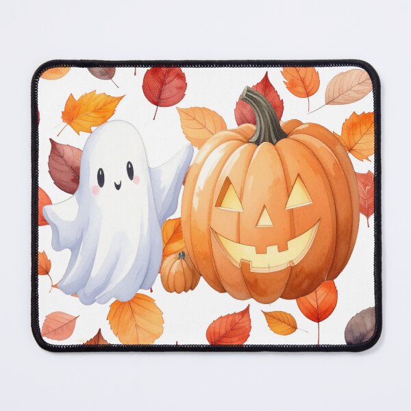 Item preview, Halloween friends ghost and pumpkin with autumn leaves designed and sold by LiskoDesign.