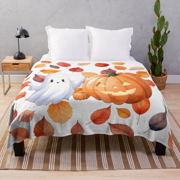 Item preview, Halloween friends ghost and pumpkin with autumn leaves designed and sold by LiskoDesign.