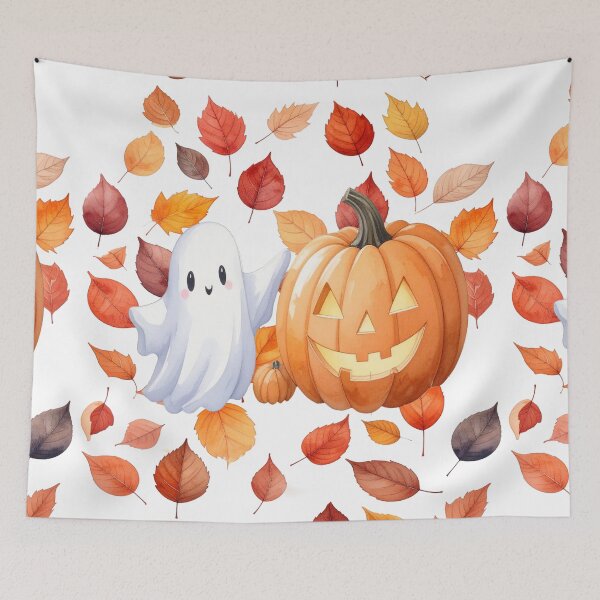 Item preview, Halloween friends ghost and pumpkin with autumn leaves designed and sold by LiskoDesign.