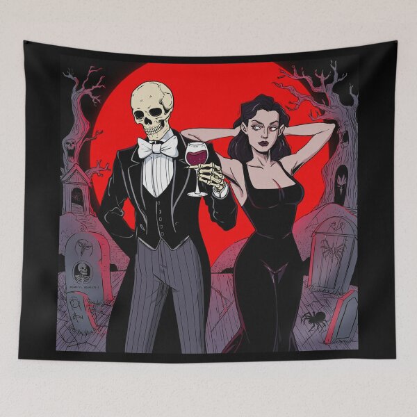 Item preview, Fancy dapper Skeleton man and Vampire girl cool horror art designed and sold by Vintage Designs +.