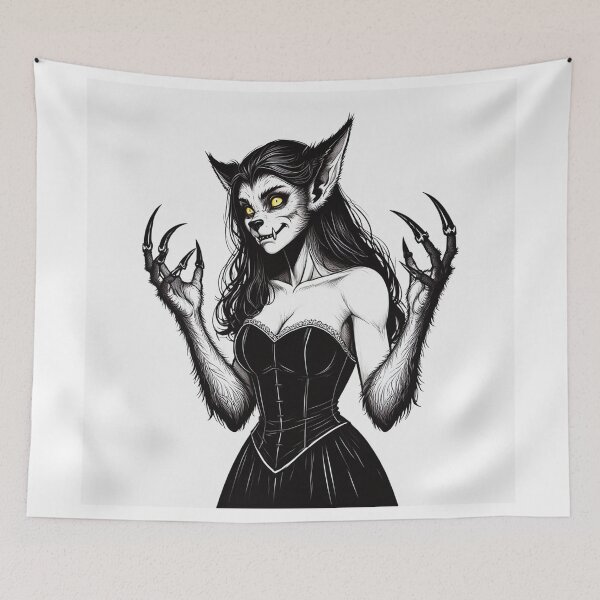 Item preview, Werewolf girl posing hand drawn illustration designed and sold by Vintage Designs +.