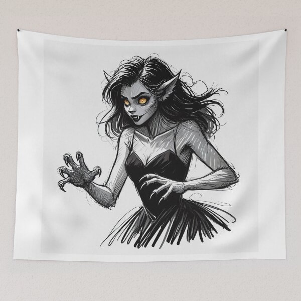 Item preview, Werewolf girl posing hand drawn illustration designed and sold by Vintage Designs +.