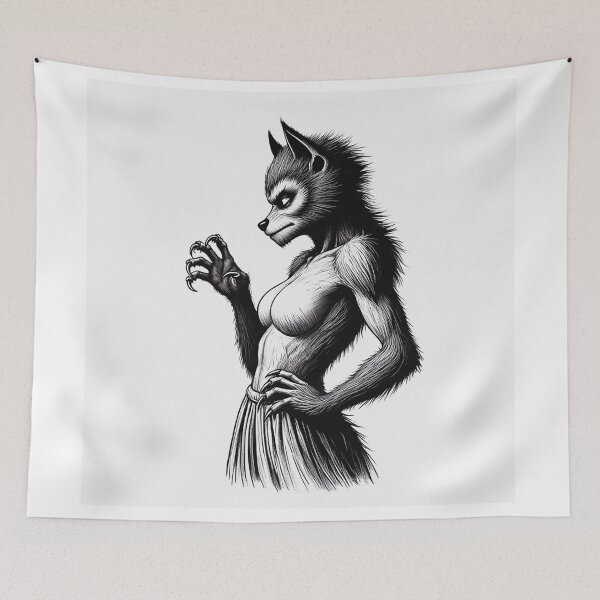 Item preview, Werewolf girl posing hand drawn illustration designed and sold by Vintage Designs +.