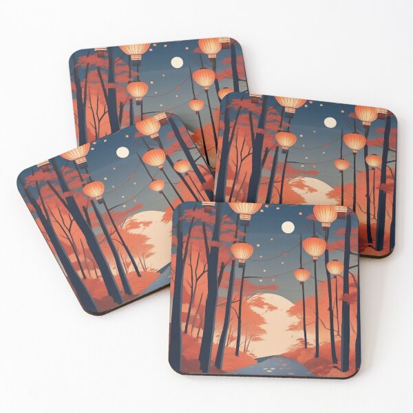 Item preview, Ukiyo-e Night Maple Grove – Lantern Path in Japanese Autumn Forest designed and sold by Vandy Fullam.