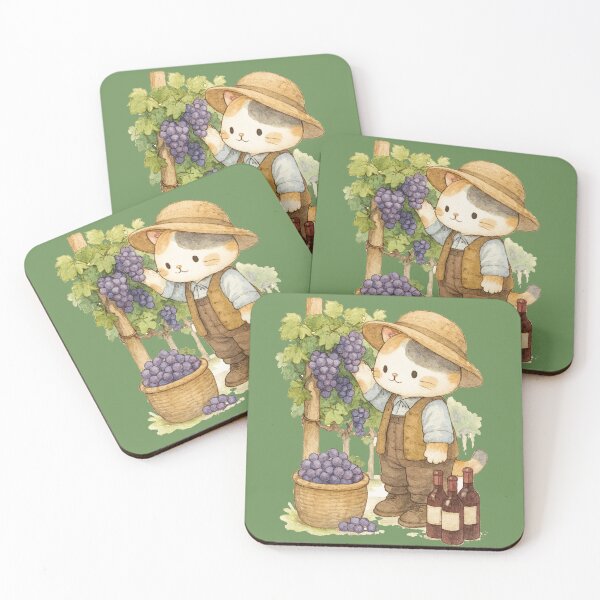 Item preview, Cute Calico Cat farmer harvesting grapes illustration designed and sold by BigBlueArt.