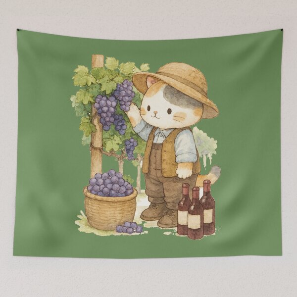Item preview, Cute Calico Cat farmer harvesting grapes illustration designed and sold by BigBlueArt.