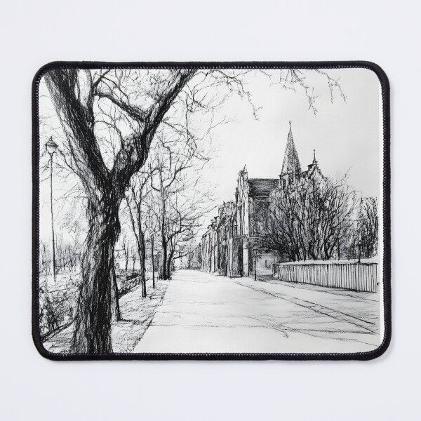Item preview, Black-and-white pencil drawing captures a quiet tree-lined street in winter designed and sold by MarcinJ84.