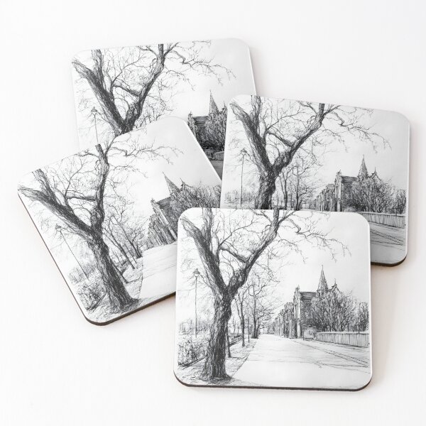 Item preview,  Black-and-white pencil drawing captures a quiet tree-lined street in winter designed and sold by MarcinJ84.
