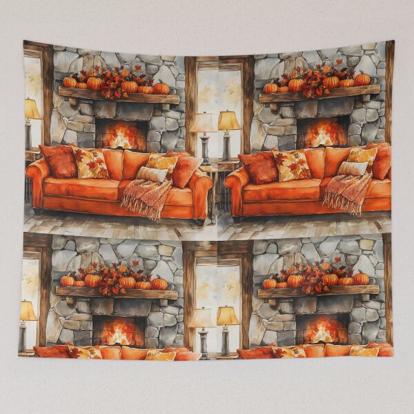 Item preview, Cozy Autumn Living Room – Watercolor Fireplace Scene designed and sold by EmeraldeaArt.