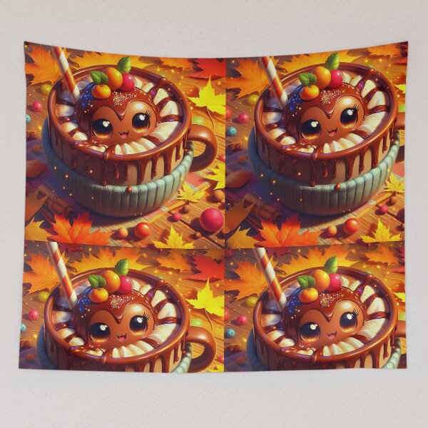 Item preview, Cozy Autumn Hot Chocolate – Kawaii Cup with Fall Leaves designed and sold by EmeraldeaArt.