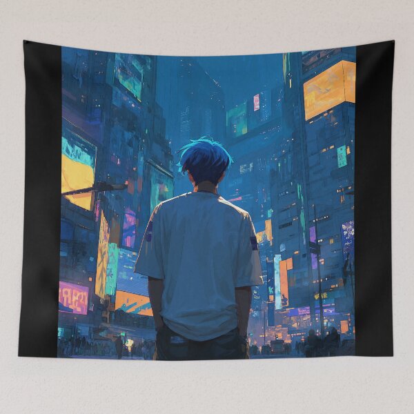 Item preview, Cyberpunk anime boy in futuristic neon city designed and sold by Meiersbeste.