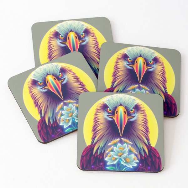 Item preview, Golden Neon Eagle – Cyberpunk Bald Eagle with Vibrant White Flowers designed and sold by Naturalite19.